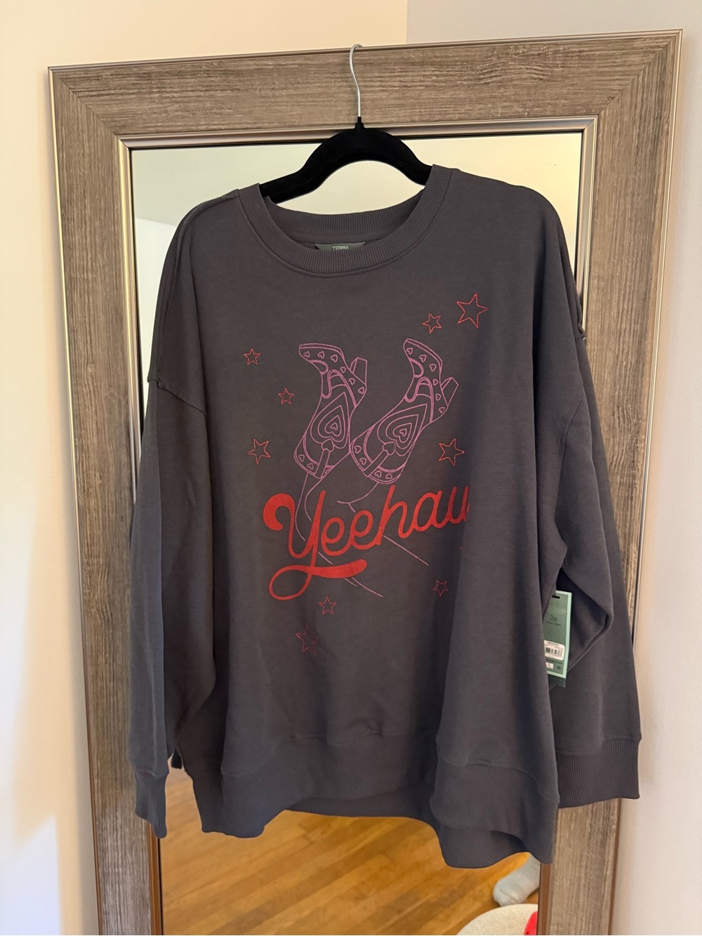 Yeehaw Graphic Crewneck Sweatshirt - Charcoal with Red Print Womens Plus Size 3X